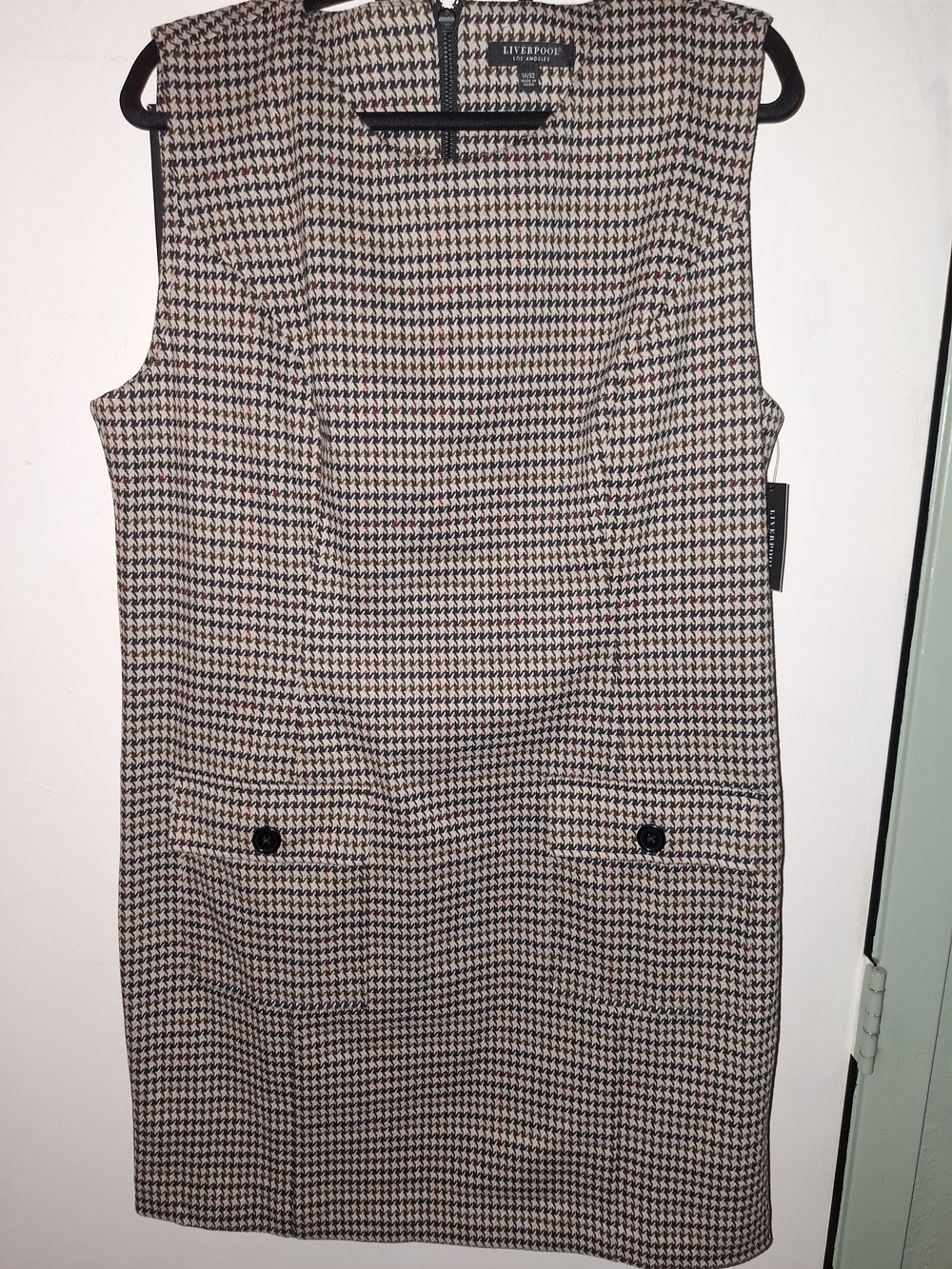 Liverpool Los Angeles Women’s 14 Black/Tan Houndstooth Shift Dress Round Zip